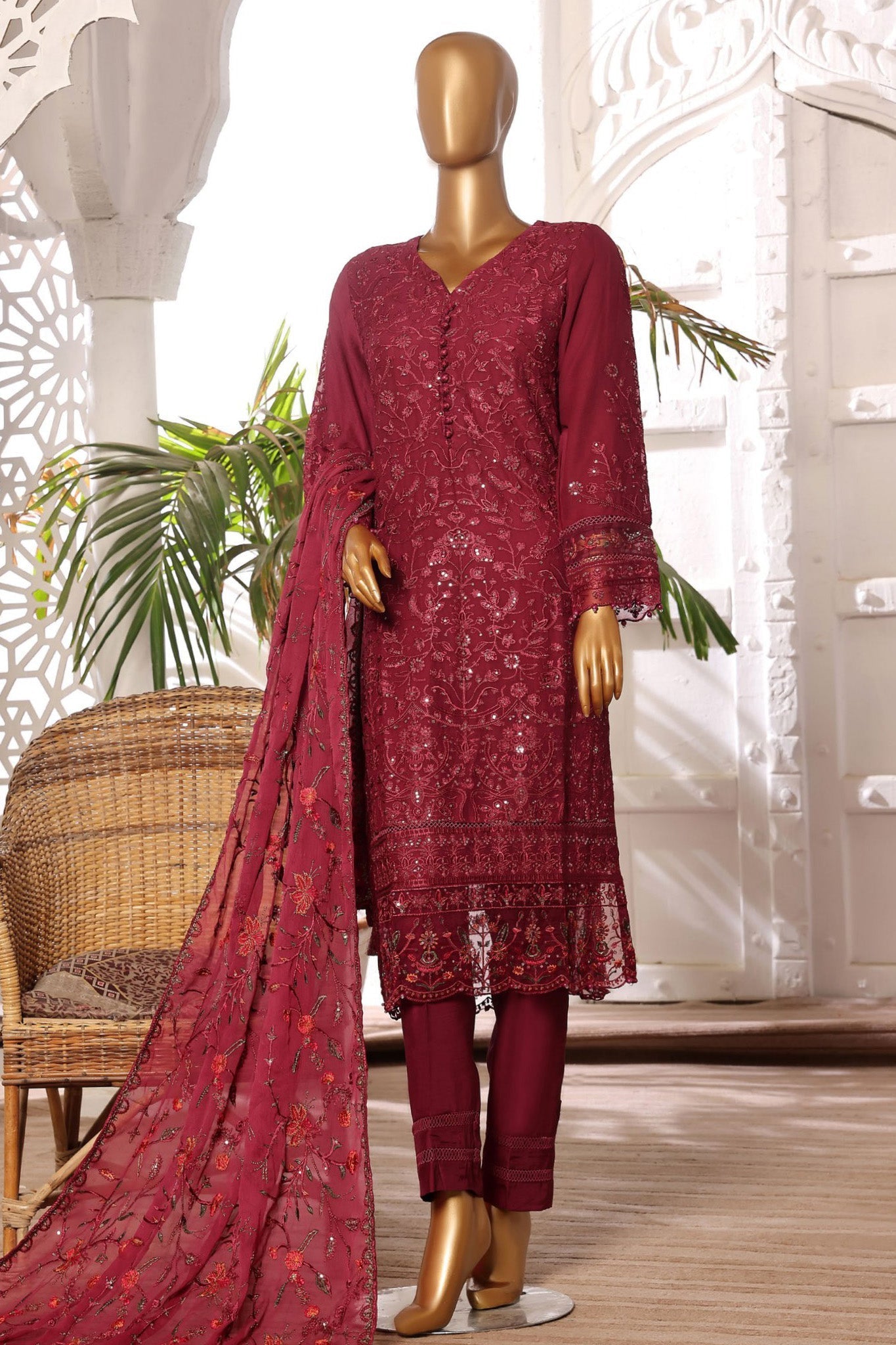 Afsany By Sada Bahar Stitched 3 Piece Luxury Formals Chiffon- Collection'2024-Maroon