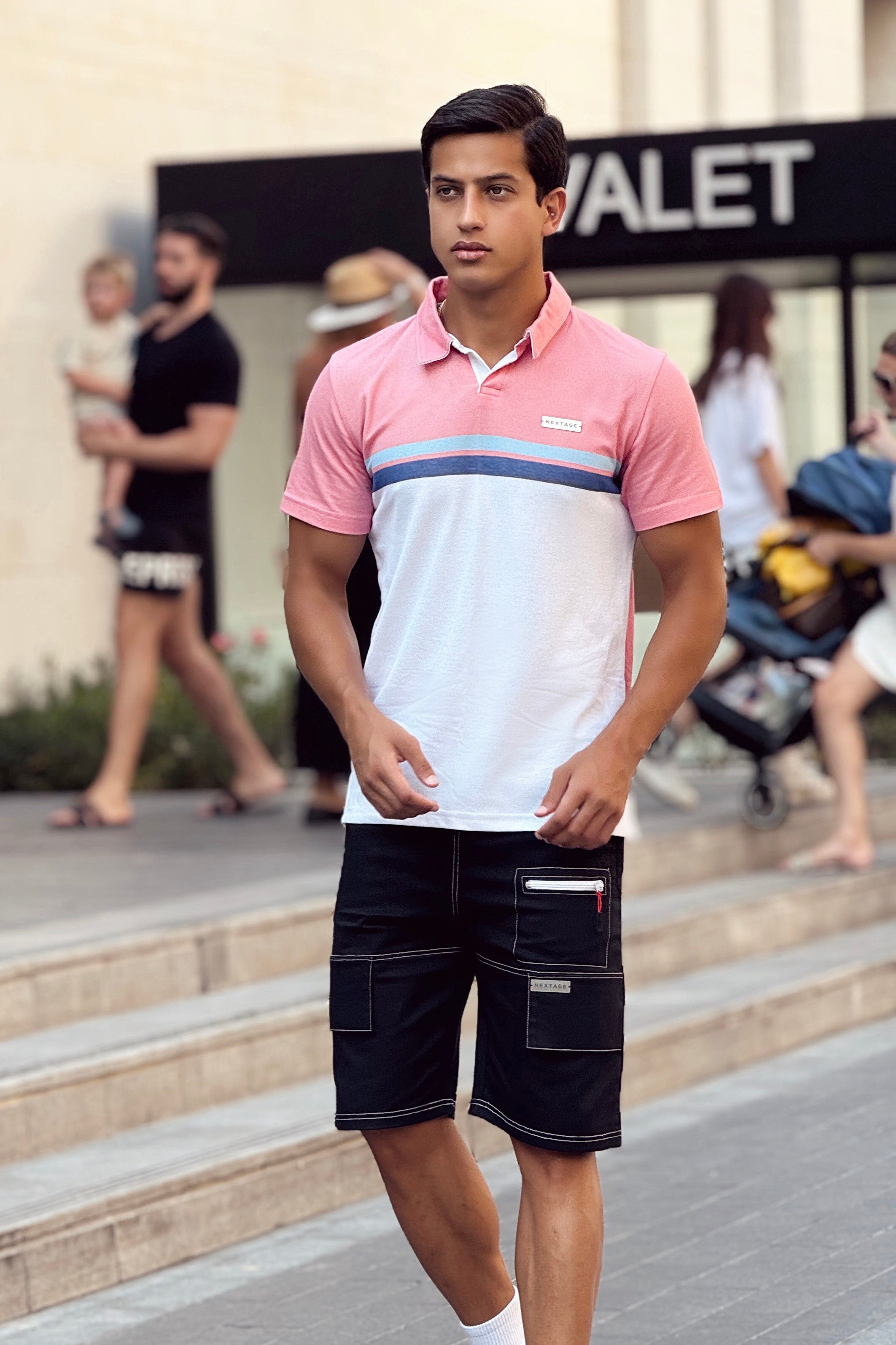 Pink Dyed Stripe Polo Cargo Short Set