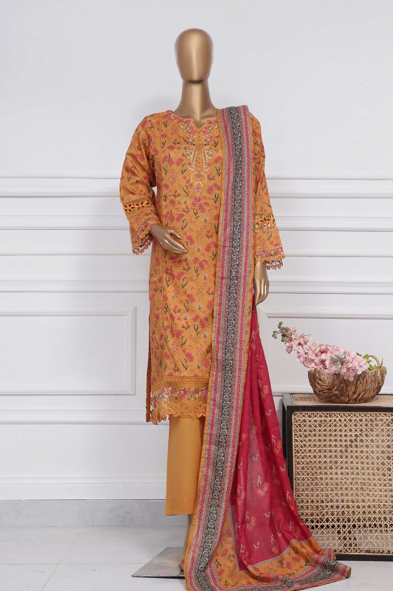 Raya By Sada Bahar Stitched 3 Piece Festive Emb Lawn Collection-Mustard