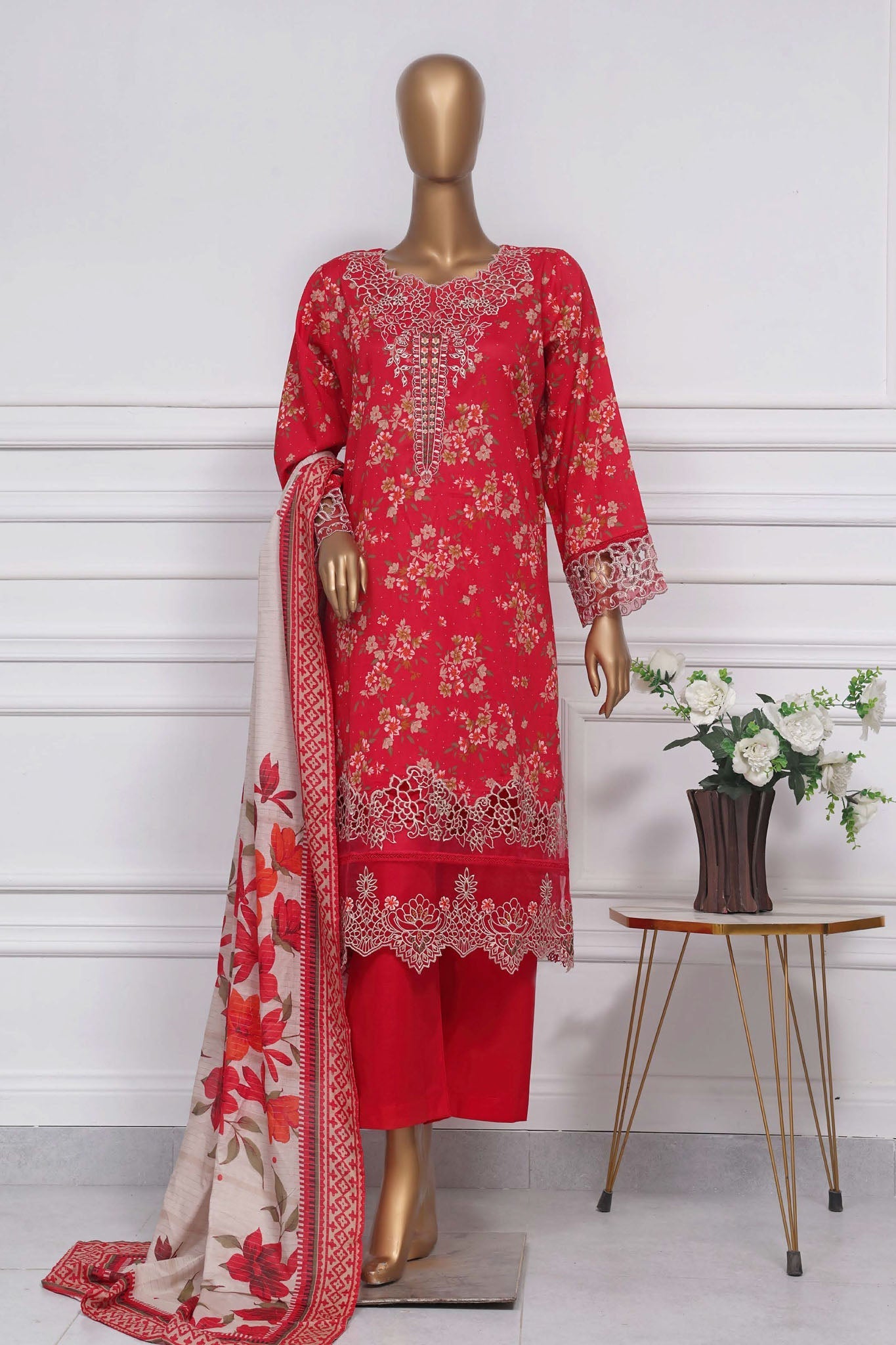 Raya By Sada Bahar Stitched 3 Piece Festive Emb Lawn Collection-CW-Red