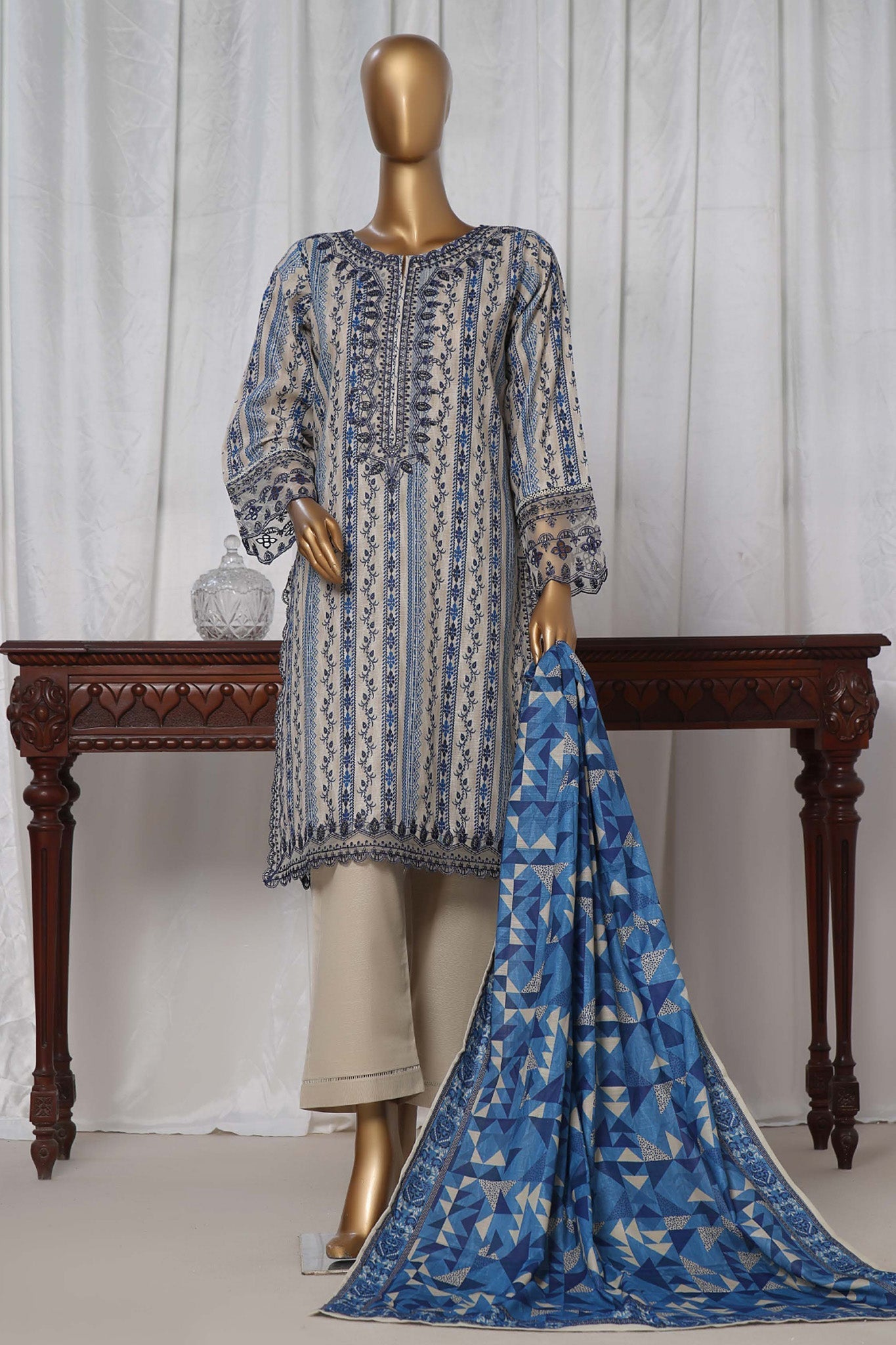 Sada Bahar Stitched 3 Piece Emb Khaddar Collection'2024-Off White