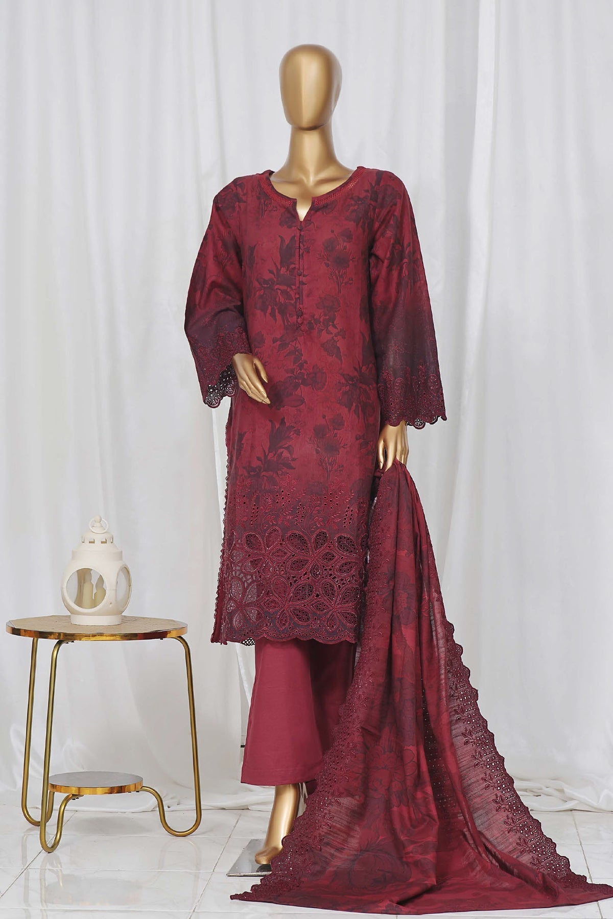 Sada Bahar Stitched 3 Piece Laser Cutwork Chikankari- Collection'2024-Maroon