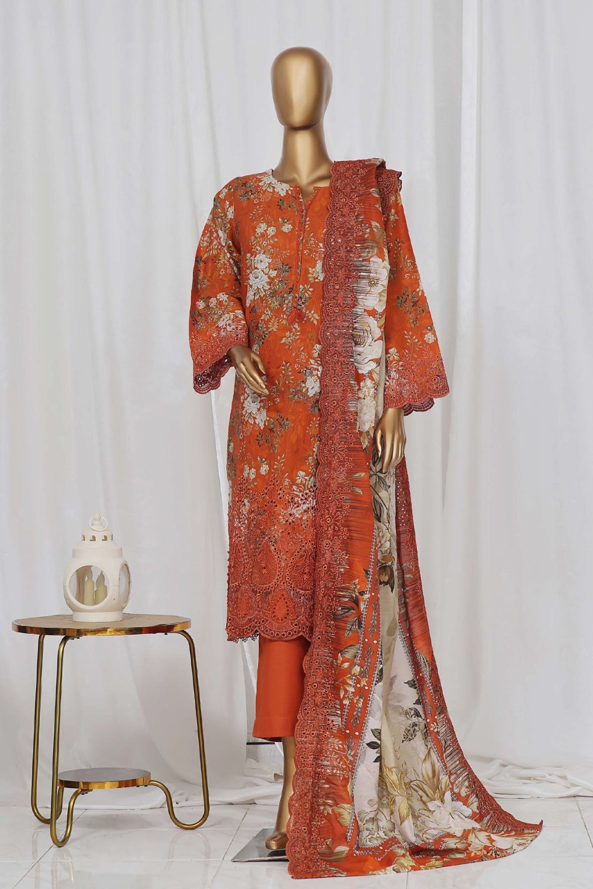 Sada Bahar Stitched 3 Piece Laser Cutwork Chikankari- Collection'2024-Orange