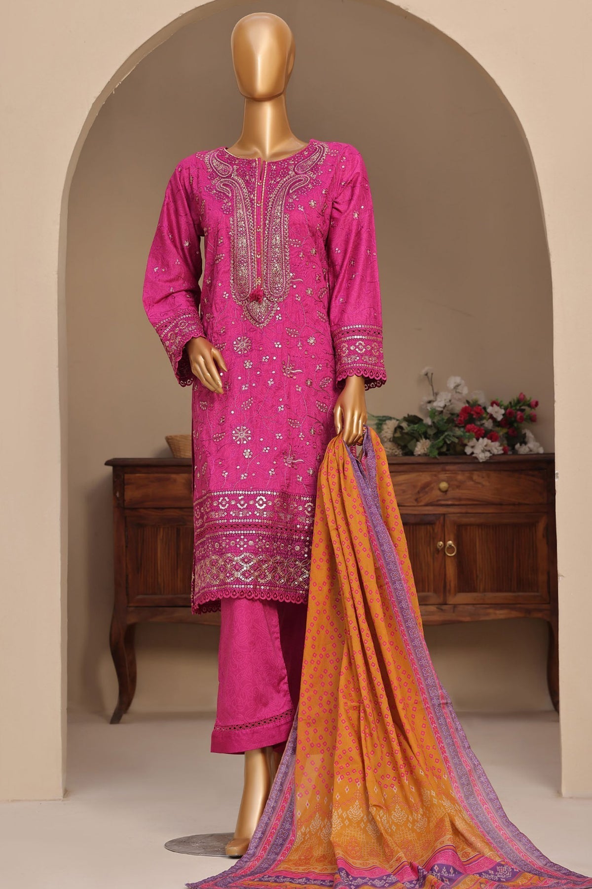 Sada Bahar Stitched 3 Piece Premium Emb & Printed Lawn Collection'2024-Magenta