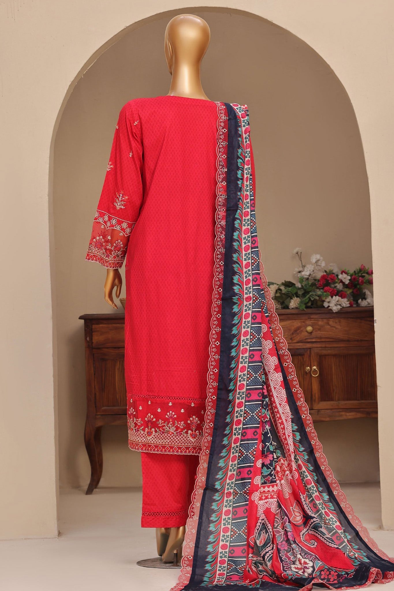 Sada Bahar Stitched 3 Piece Premium Emb & Printed Lawn Collection'2024-Red