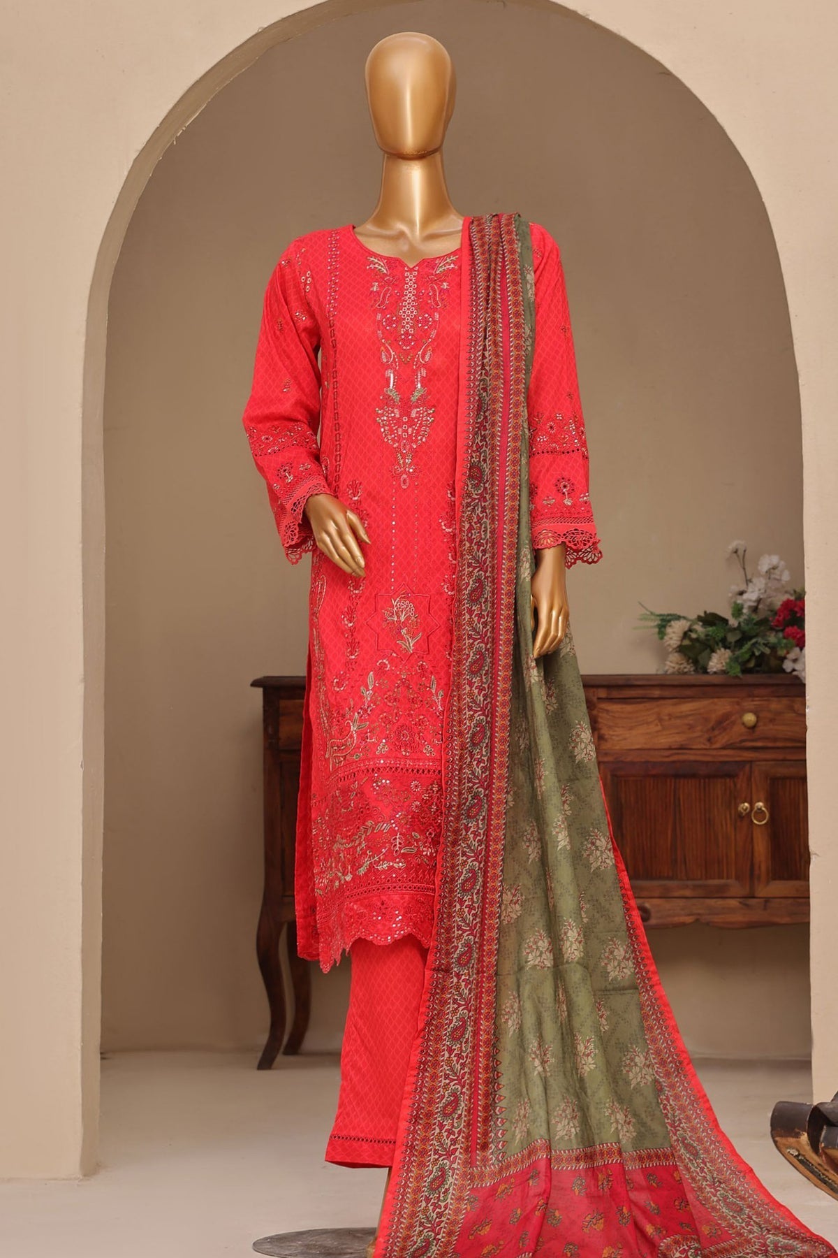 Sada Bahar Stitched 3 Piece Premium Emb & Printed Lawn Collection'2024-Red