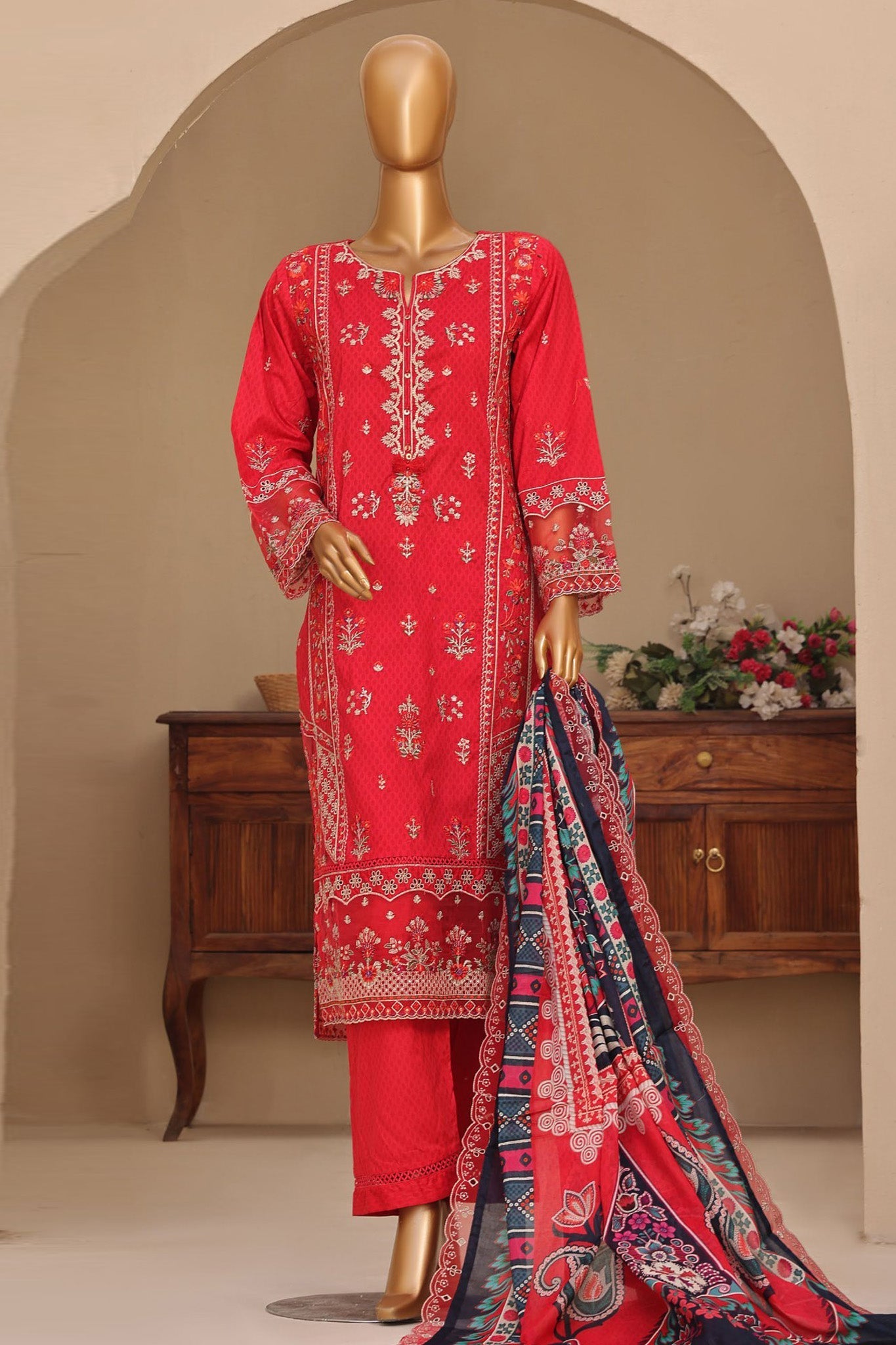 Sada Bahar Stitched 3 Piece Premium Emb & Printed Lawn Collection'2024-Red