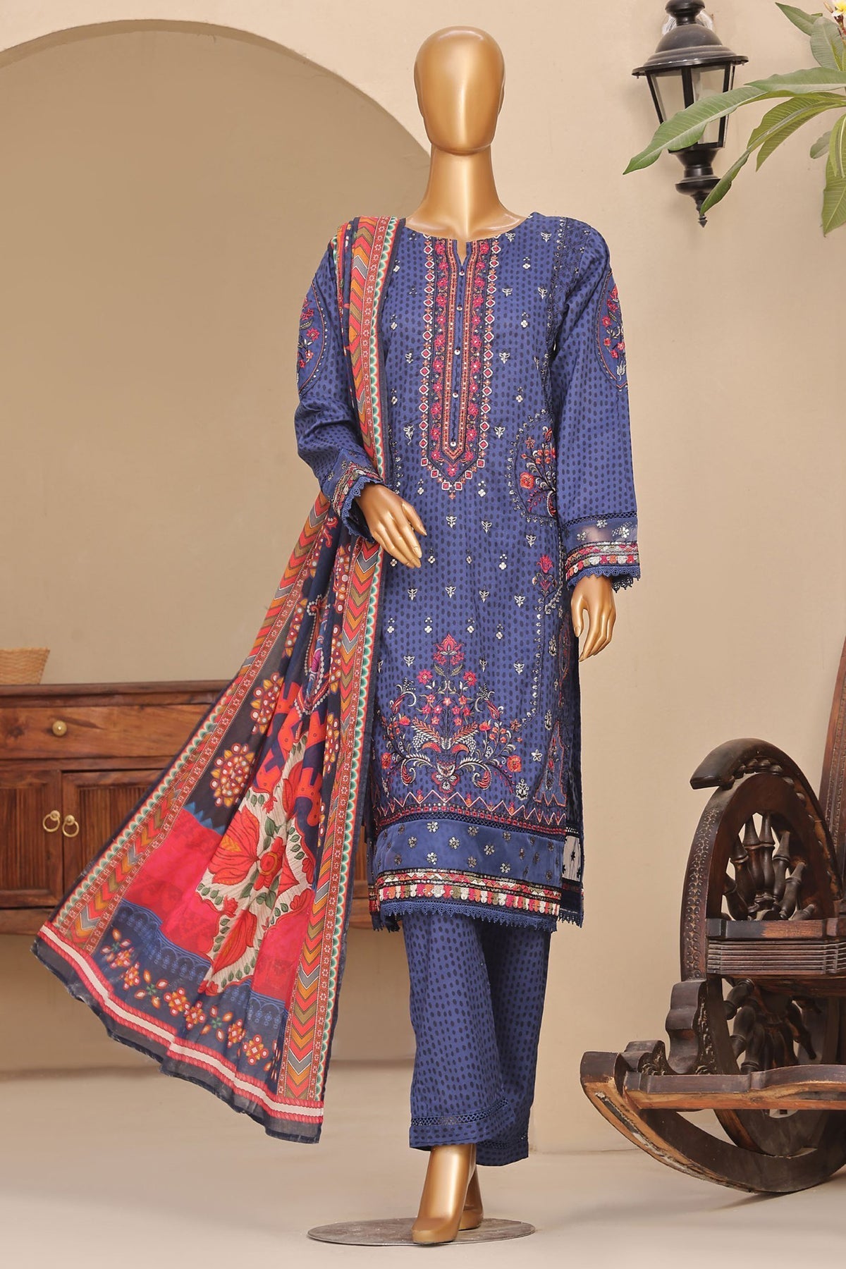 Sada Bahar Stitched 3 Piece Premium Emb & Printed Lawn Collection'2024-Blue