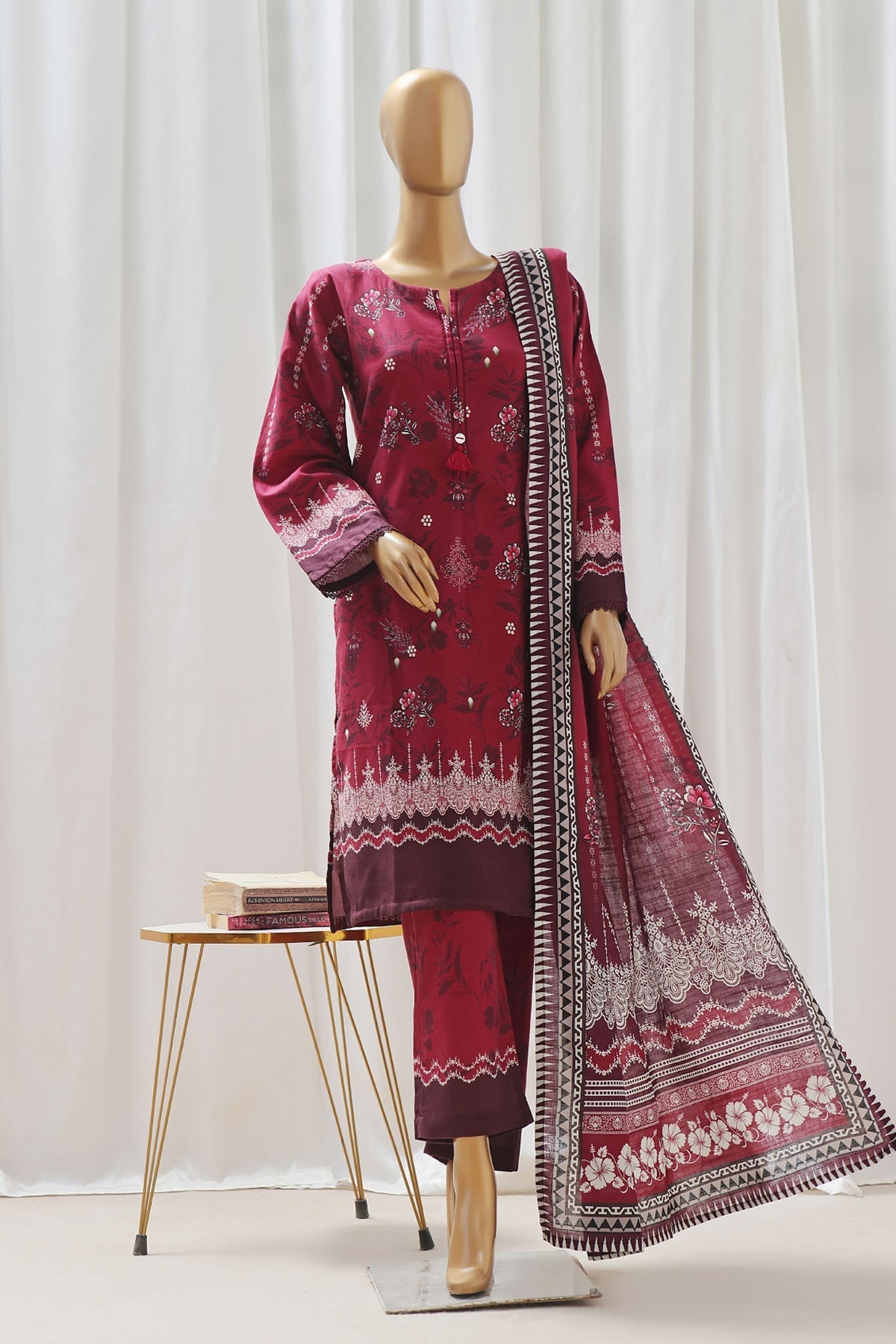 Sada Bahar Stitched 3 Piece Printed Khaddar Collection'2024-Maroon