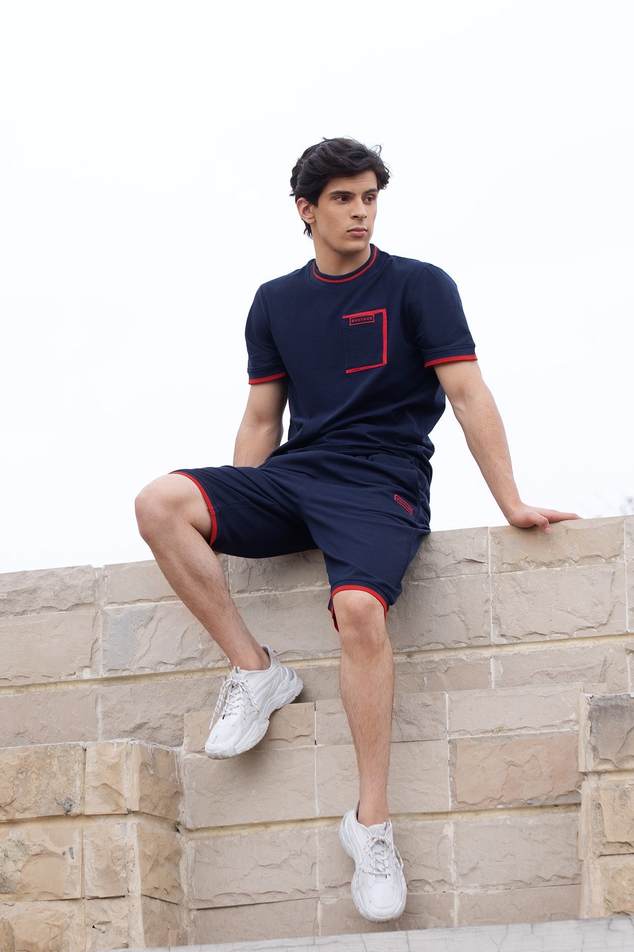 NAVY RED CONTRAST POCKET DETAIL SHORT SET