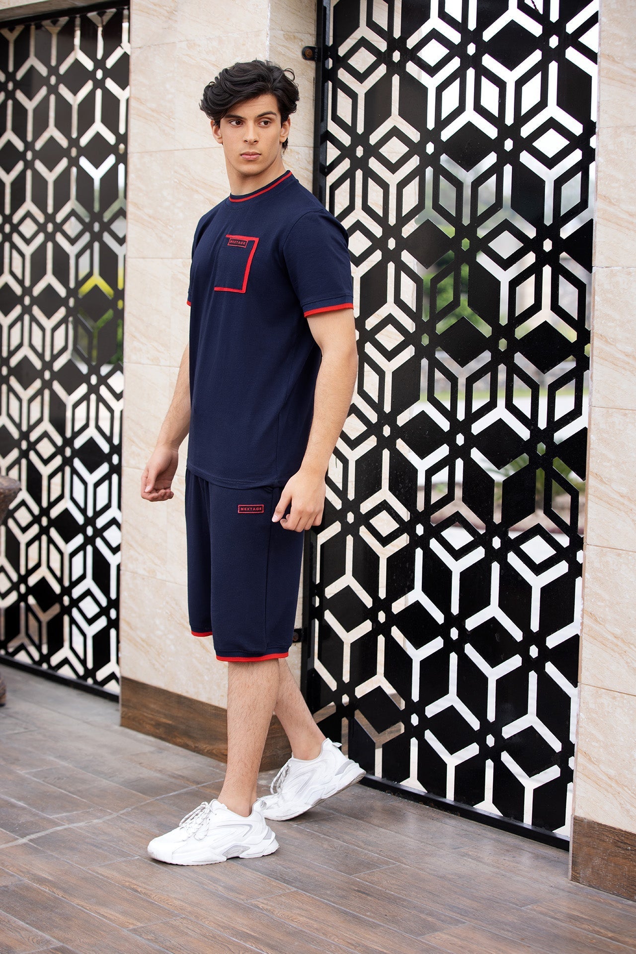 NAVY RED CONTRAST POCKET DETAIL SHORT SET