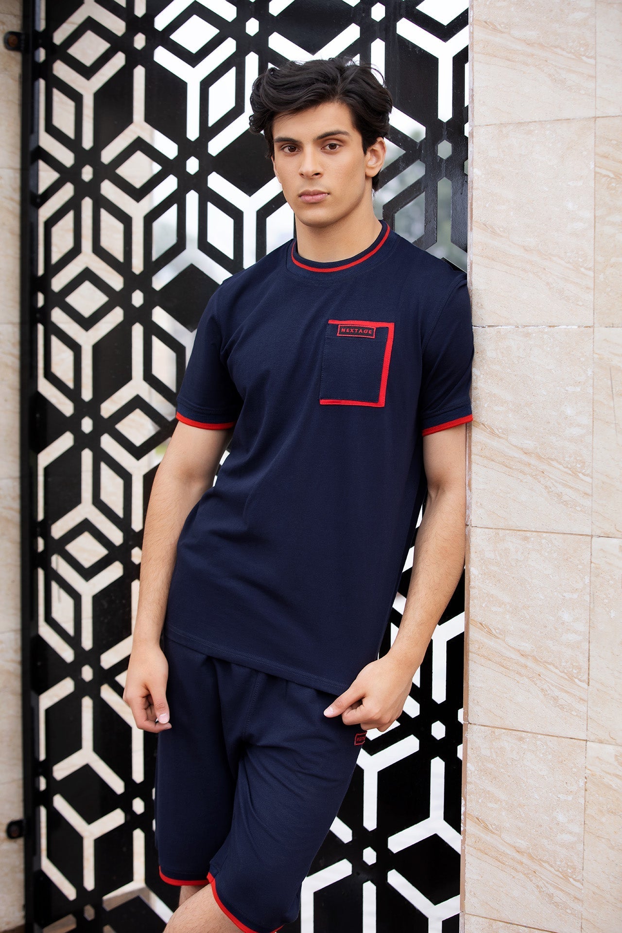 NAVY RED CONTRAST POCKET DETAIL SHORT SET